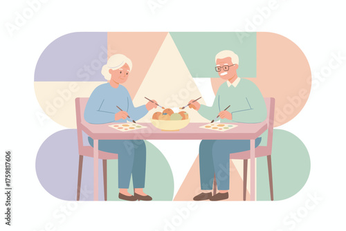 Elderly man and woman happily paint a still life of fruit enjoying a creative hobby