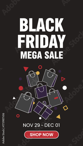 Black Friday Mega Sale graphic with shopping bags and gift promoting discount shopping event