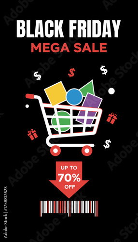 Black Friday Mega Sale promo with shopping cart colorful items gift boxes and 70 off discount