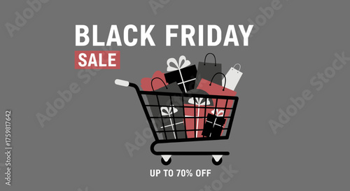 Black Friday Sale promotion with shopping cart full of gifts and bags