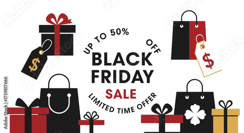 Black Friday Sale vector banner with shopping bags gift boxes and up to 50 off promotion