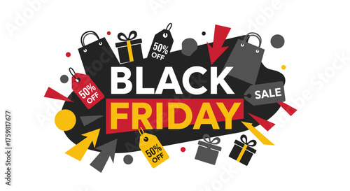 Black Friday banner with gift boxes shopping bags and 50 off tags