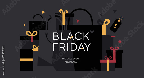 Black Friday sale banner illustration with shopping bags gifts and price tags