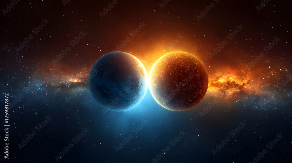 Obraz premium Two celestial bodies glow with contrasting light in a vast nebula.