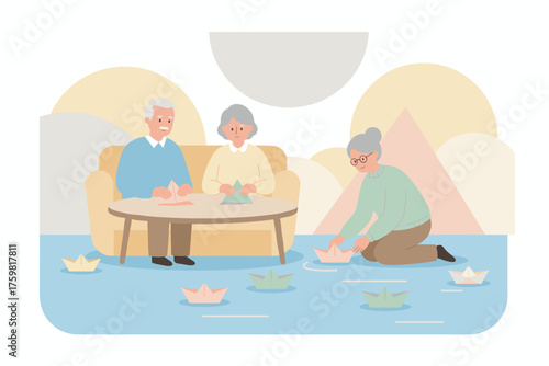 Senior friends enjoy making and floating paper boats together fostering creativity and companionship