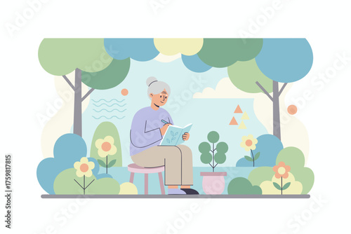 Senior woman journaling in a peaceful garden Retirement mindfulness creative hobby and nature