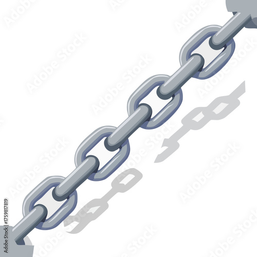 A close-up view of a strong metal chain with several links, casting a shadow on a white background, symbolizing connection or strength.