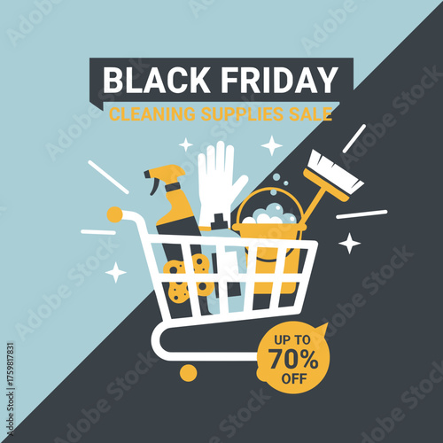 Black Friday cleaning supplies sale Shopping cart with cleaning tools up to 70 off discount