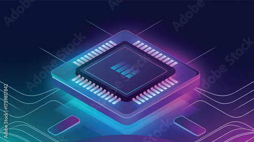Isometric digital processor chip with glowing blue and purple circuits