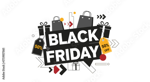Black Friday sale graphic Abstract shopping design with 50 discount tags and bags