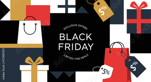 Geometric Black Friday sale banner with bags gifts and price tags