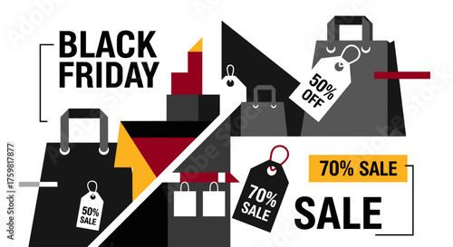 Black Friday sale banner with geometric shopping bags discount tags and bold text