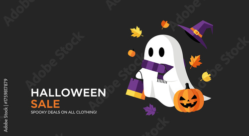 Cute ghost with shopping bag jackolantern and witch hat advertises a Halloween sale for spooky deals