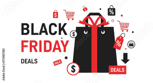 Black Friday Deals vector graphic Ecommerce shopping event with discounts sale icons and gift bags