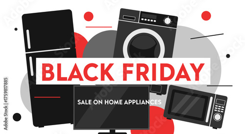 Black Friday sale on household appliances banner with modern electronics and abstract graphic design