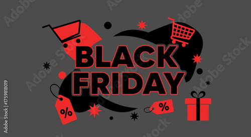 Black Friday sale graphic with shopping carts gift box and discount tags on gray background