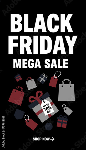 Black Friday Mega Sale banner with shopping bags and gifts up to 70 off Seasonal discount