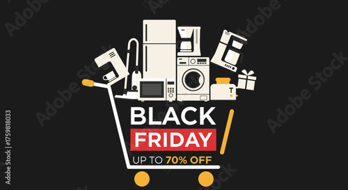 Black Friday sale banner with appliances in a shopping cart
