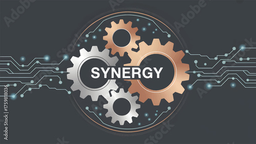 Interlocking gears with synergy text and circuit board