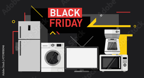 Black Friday sale illustration featuring major home appliances electronics and huge savings concept