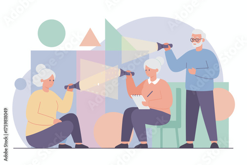 Seniors collaborate to explore and investigate with flashlights seeking knowledge or solutions