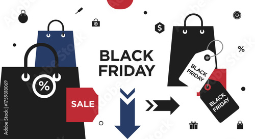 Black Friday sale concept Shopping bags price tags and discount symbols graphic design