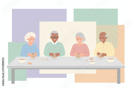 Happy diverse seniors enjoying a pottery class fostering creativity and community through art