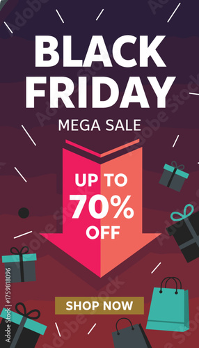 Black Friday Mega Sale banner with up to 70 off Perfect for ecommerce promotions and retail