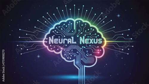 Glowing circuit board brain with text Neural Nexus