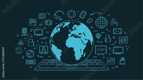Globe and keyboard with technology icons on dark blue background