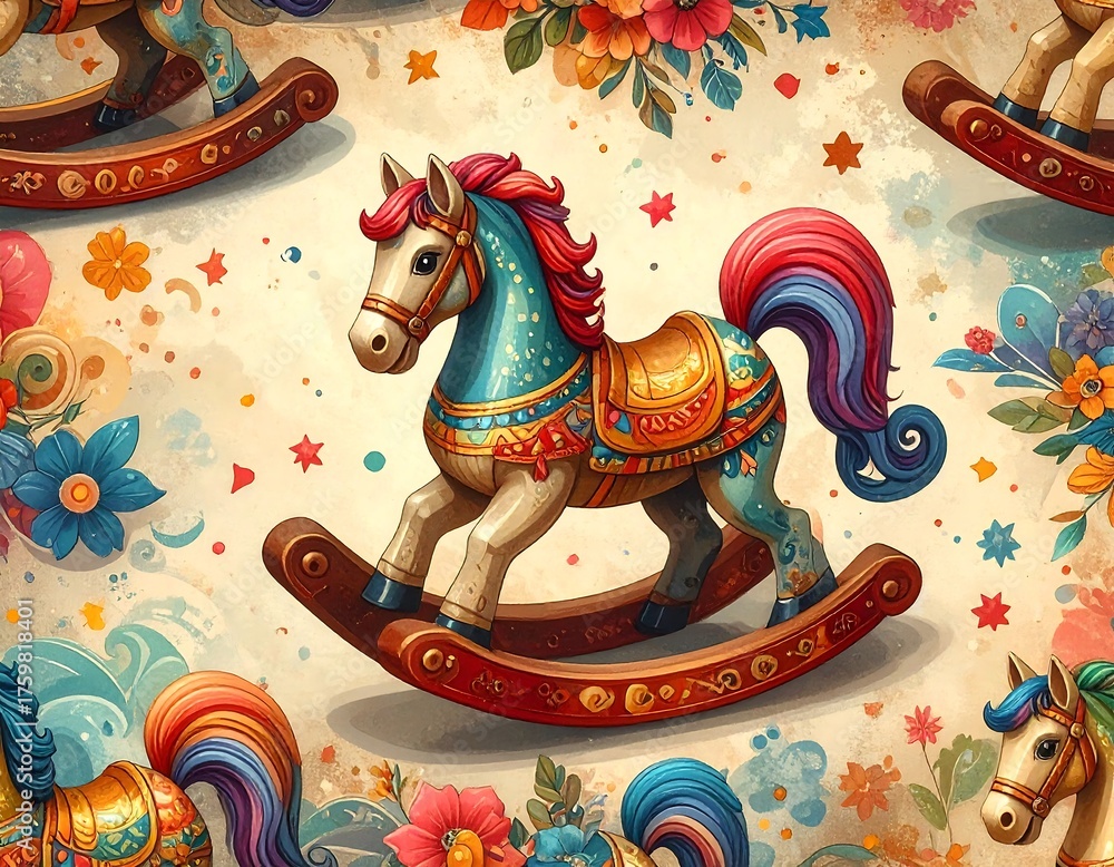 Decorative pattern with rocking horses, flowers, and whimsical details