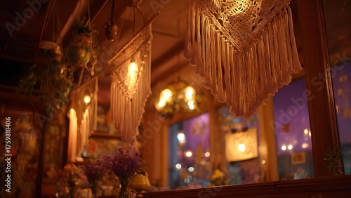 Wallpaper Mural Warm, cozy cafe interior with long fringe tassels hanging from the ceiling and lavender flowers on a wooden counter. Concept Cozy cafe interior, Fringe tassels, Lavender flowers, Wooden counter Torontodigital.ca