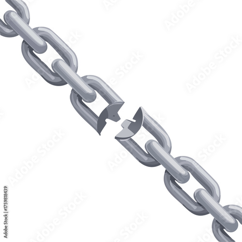 A silver metal chain with one link broken in the middle, symbolizing weakness or a break.