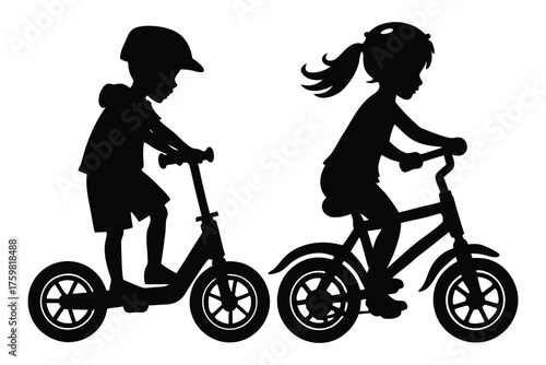 silhouette of kids riding bike and scooters vector