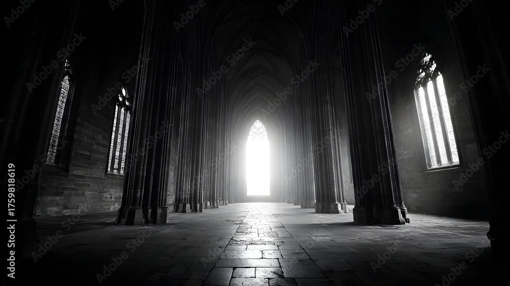 Fototapeta premium Dimly lit gothic hall with tall columns and arched windows.