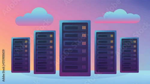 Five server racks in a row with gradient clouds data center