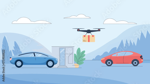 Drone delivering package to house with cars and mountains