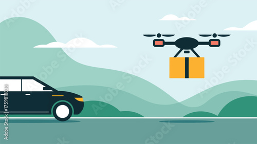 Drone delivering package near dark car on road delivery