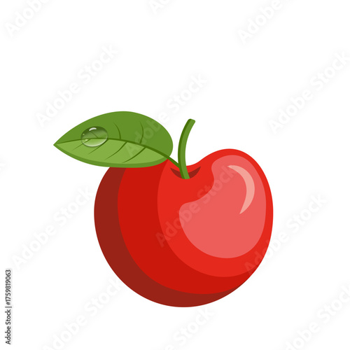 Vector icon of a bright red apple with a dewdrop on its leaf.