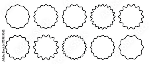 Zig-zag circle icon set, starburst,  zig-zag circle sticker sunburst badges. Special offer, sale, discount, shop, black friday. Circle with sharp and rounded waves edge. 