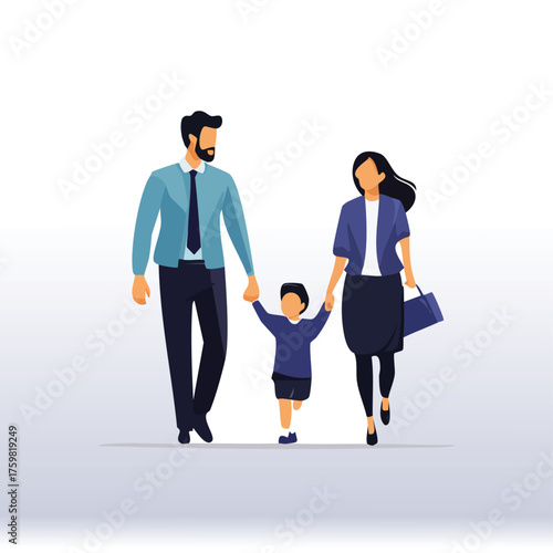 Family walking together holding hands on white background Keywords: family, parents, child, son