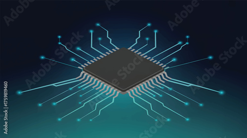 Dark blue circuit board with glowing cyan connections