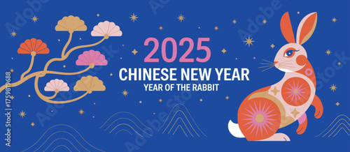 Chinese New Year 2025, Year of the Rabbit, Chinese Zodiac Symbol, Lunar New Year Concept, Colorful Modern Background Design for Celebration and Social Media