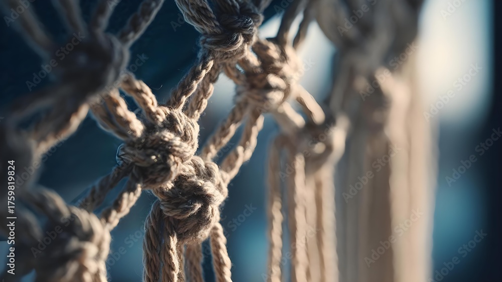 Obraz premium Close-up of tangled beige rope knots and strands, resembling nautical rigging. Concept Close-up of tangled beige rope knots, Beige rope texture and fibers, Nautical rigging detail