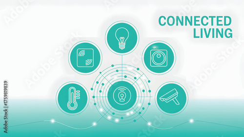 Connected living icons: light bulb, thermometer, security camera background