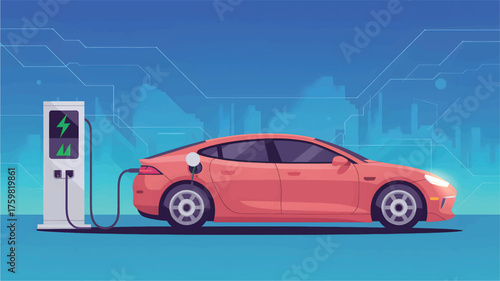 Coral electric car charging at futuristic city station