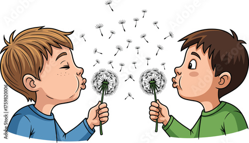 Cartoon children blowing dandelions, seed dispersal moment, playful nature interaction, childhood curiosity, educational vector illustration for outdoor activity, emotion, and environment