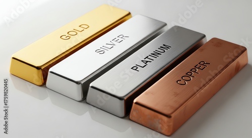 Gold silver platinum copper bars on white surface