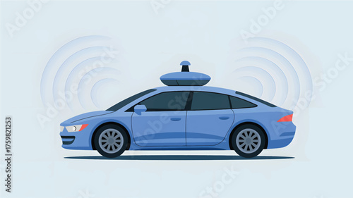 Blue autonomous car with sensor dome and signal waves