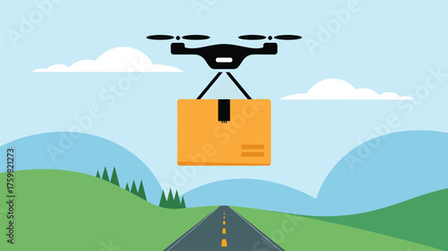 Black drone carrying orange package over road and hills